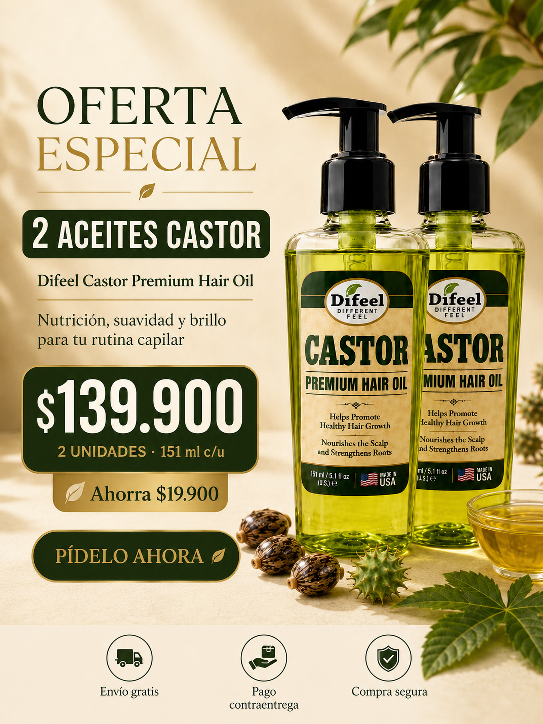 🌿 Aceite Capilar Difeel Castor Premium✨💚