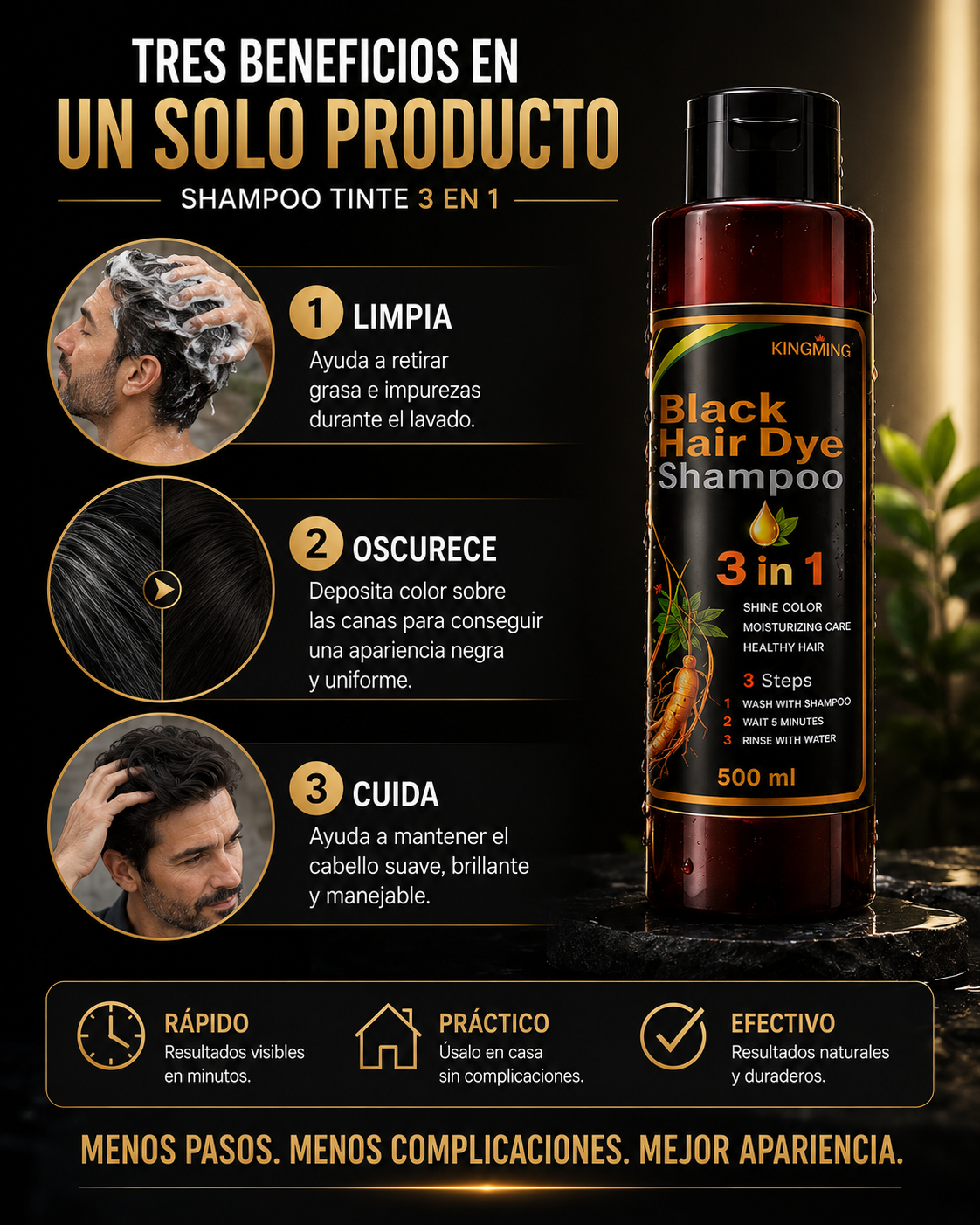 Shampoo Tinte Negro KINGMING 3 en 1
