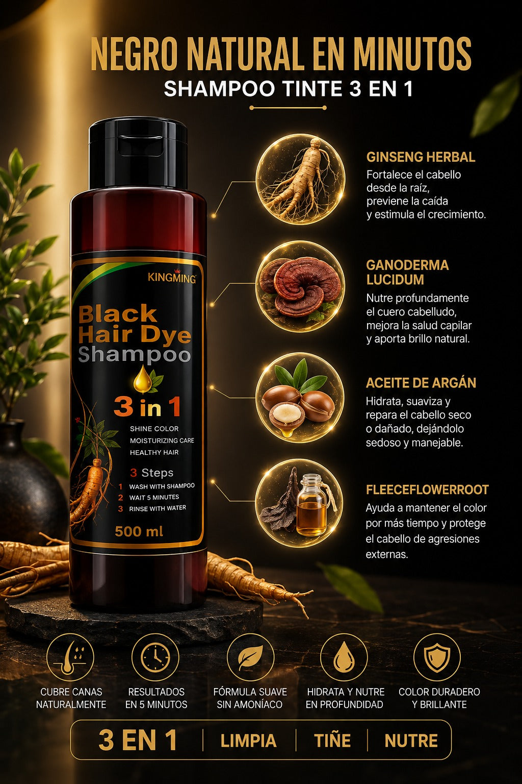 SHAMPOO KINGMING CUBRE CANAS 3 EN 1™